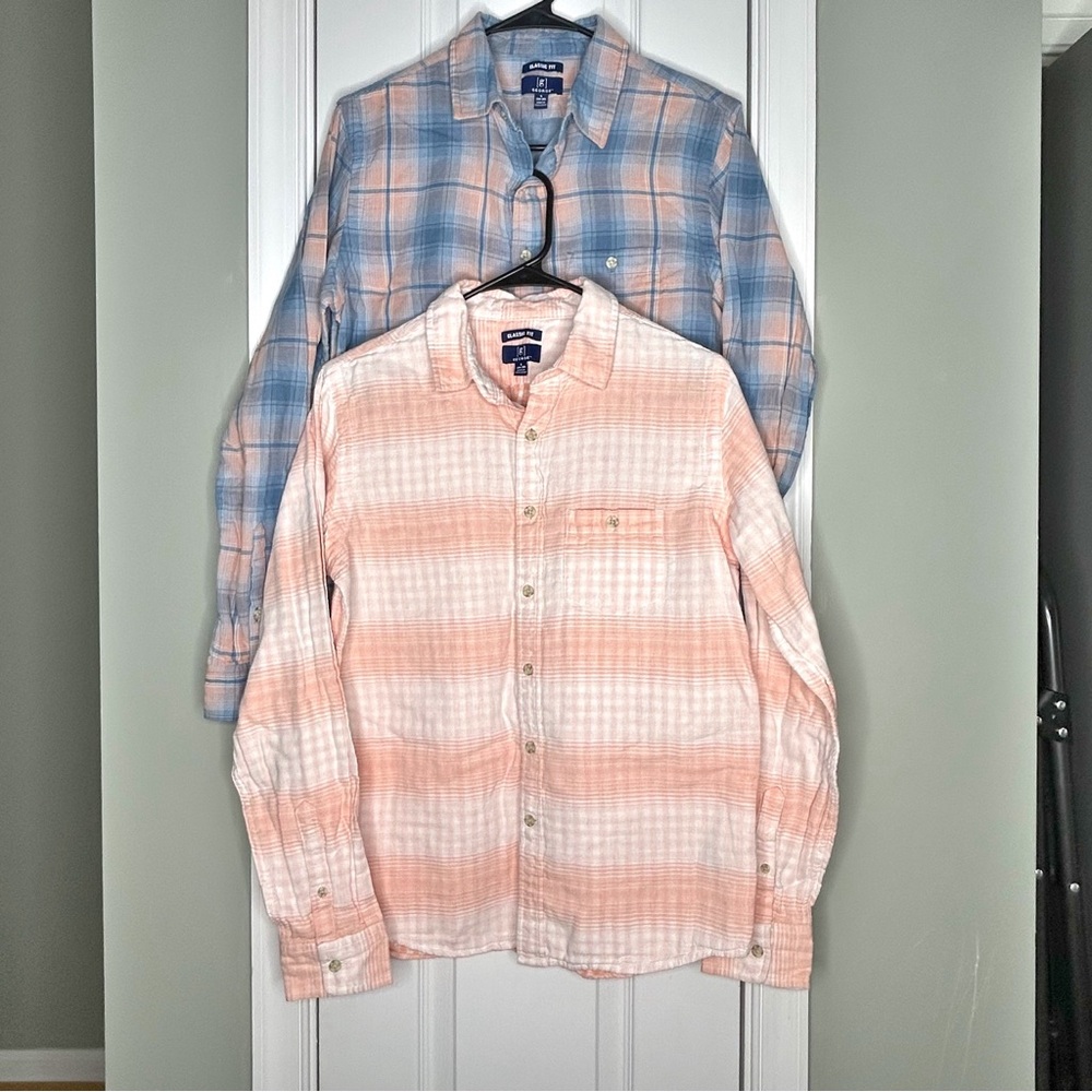 Set of 2 Women’s Pastel Plaid Button Down Soft Lightweight Flannel Layering Tops